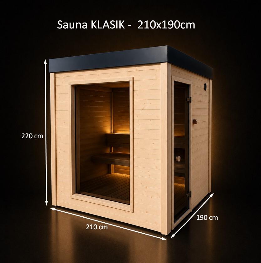 Modulová fínska sauna Klasik s rozmermi 210 × 190 cm